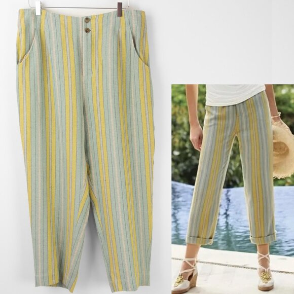 Soft Surroundings Pants - Soft Surroundings Caldera Stripe Pants Linen Blend Cropped Aqua Blue Size 16